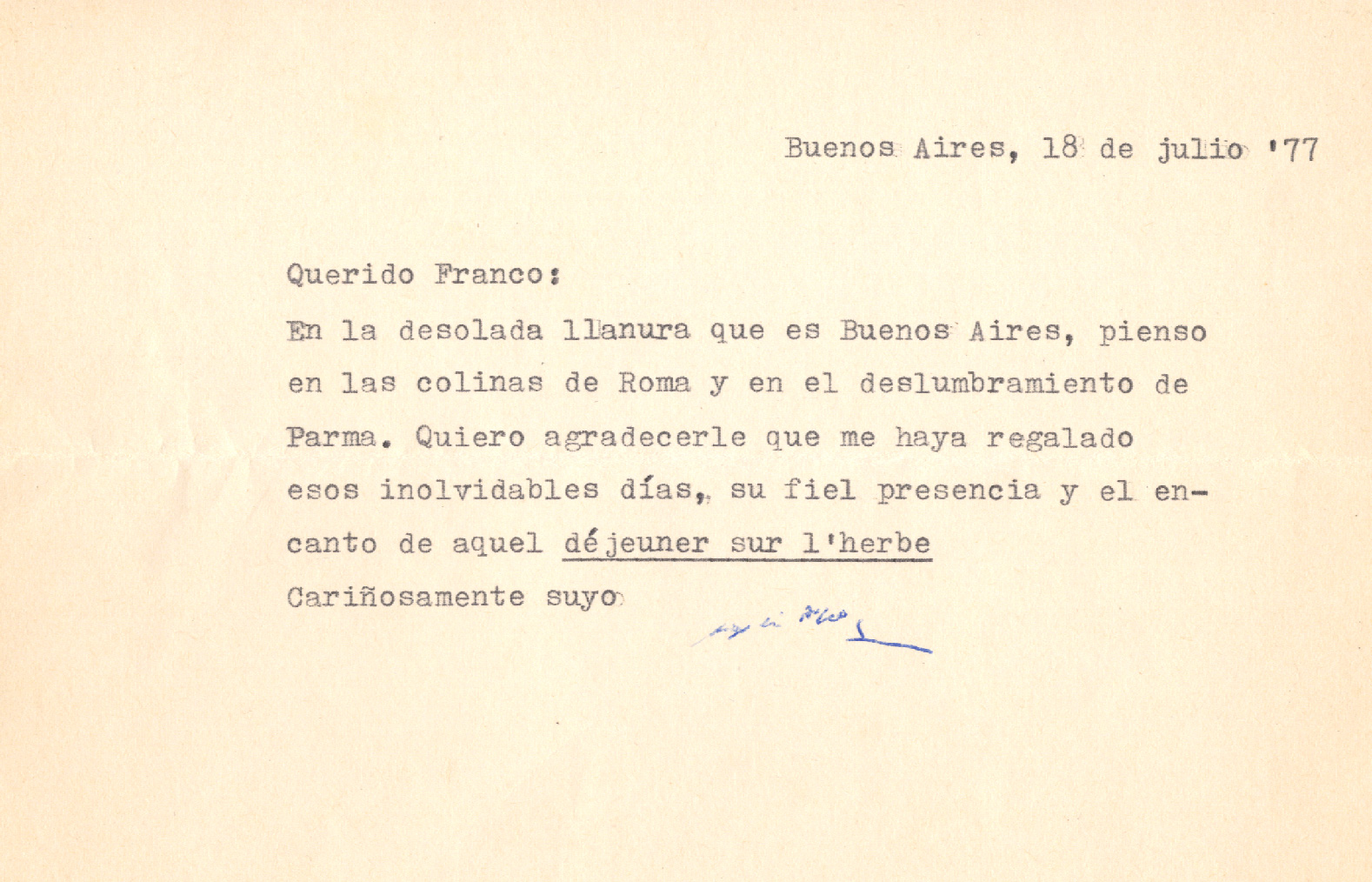J.L. Borges agradece a F.M. Ricci por los dÃ­as pasados juntos en Roma y en Parma. Buenos Aires, 1977.